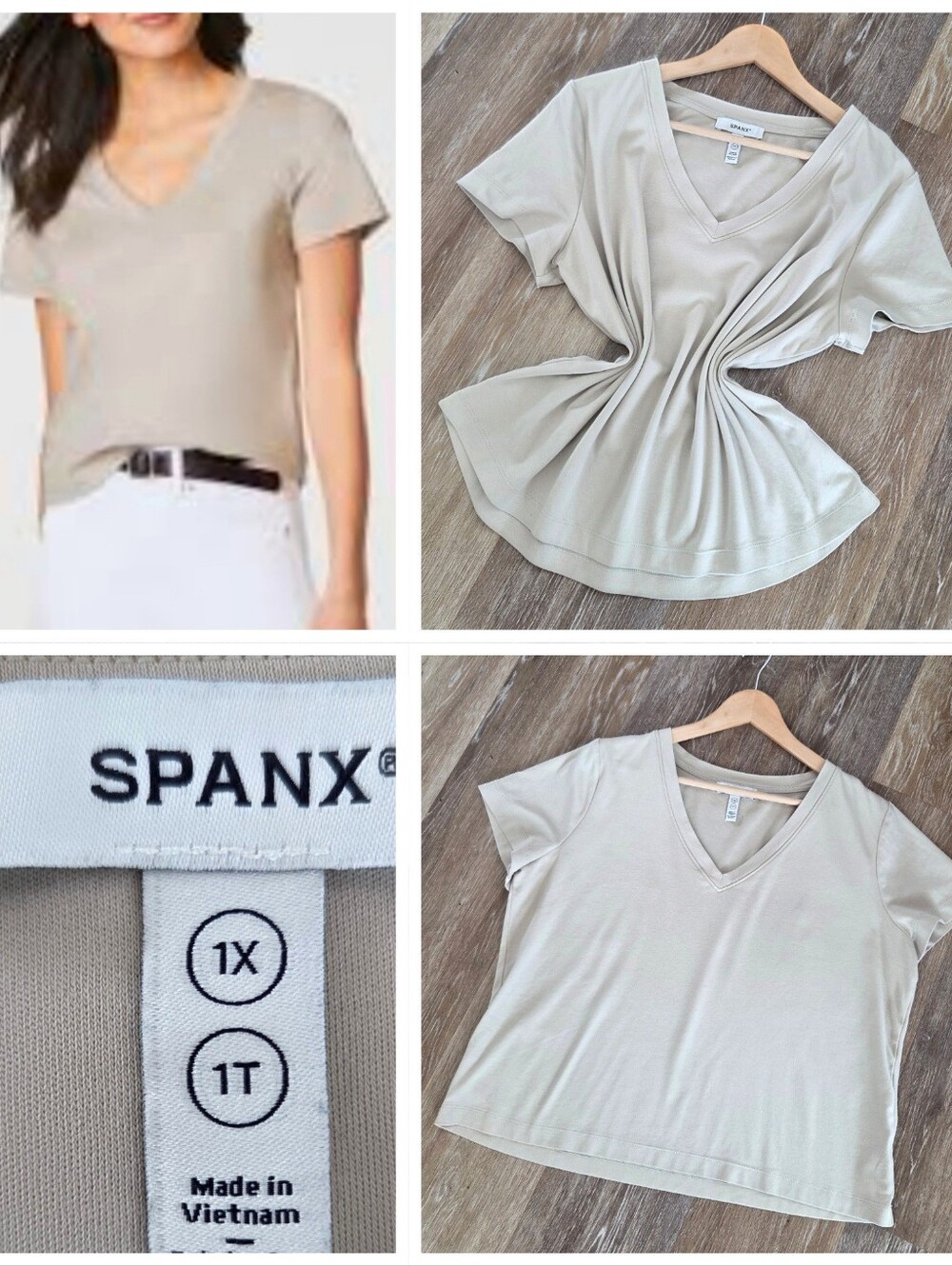 SPANX V-Neck Short Sleeve Top T-Shirt Taupe Cotton Sz 1X Stretch